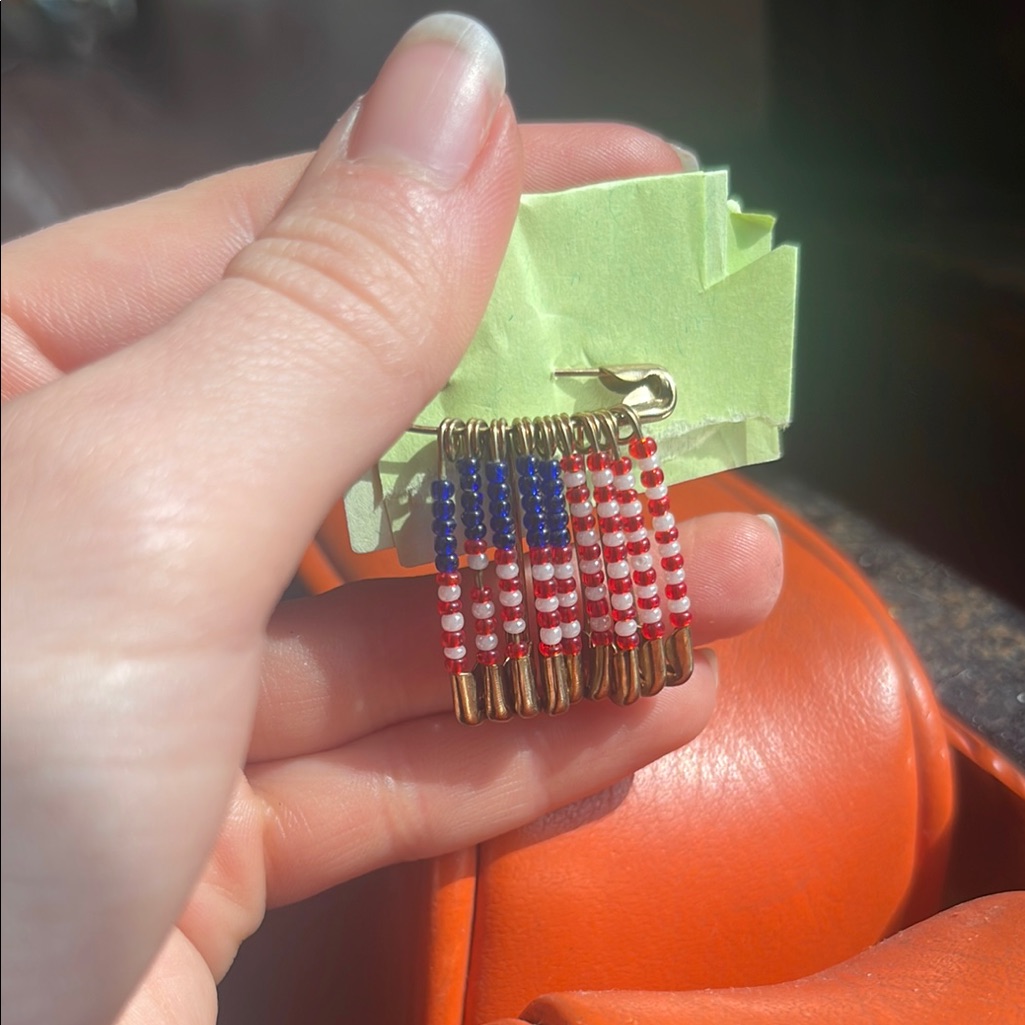 Handmade Red, White, And Blue Beaded Safety Pin